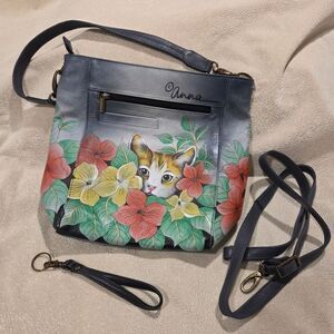 Anna By Anuschka Tall Leather Bucket Hobo, Painted Cats